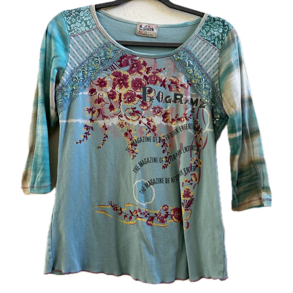 Edista Y2K Blue Floral Embroidered Boho Top Large
